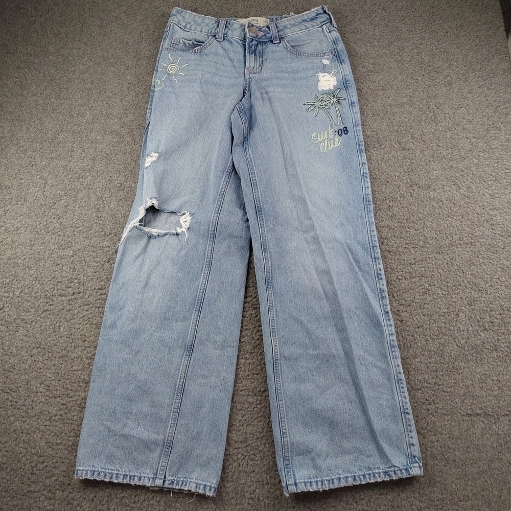 Hollister Jeans Sz 00R Low-Rise Baggy Blue Embroider Bows Skater Baggy Boho Y2K